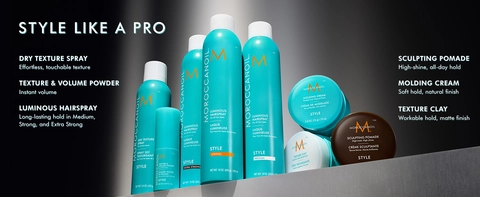 Moroccanoil styling collection with hairspray, dry texture spray, molding cream, pomade, and clay