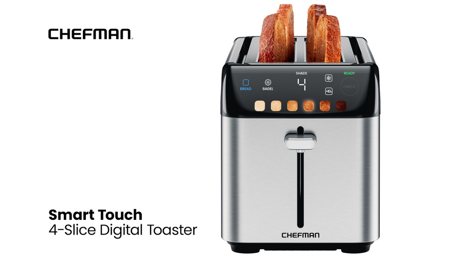 thumbnail video image 2 of Chefman Smart Touch 4 Slice Digital Bread Toaster, 6 Shade Settings, Bagel Mode - Stainless Steel, New, 2 of 8