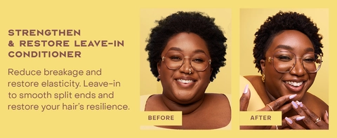 Two images of the same woman comparing her hair before and after applying our product.