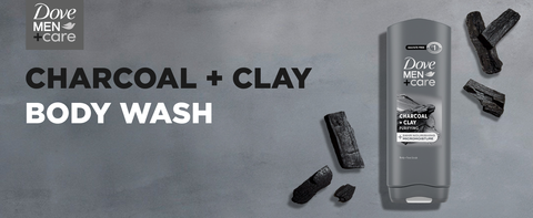 Image of Dove Men+Care CHARCOAL + CLAY BODY WASH next to actual ingredients.