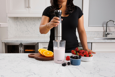 thumbnail video image 2 of Kenmore Variable Speed Immersion Blender With Food Chopper & Whisk | Hand Blender With Turbo Pulse | Stainless Steel Quad Blades | Handheld Blending Stick | 700mL Beaker & Storage Lid Black & Silver, 2 of 10