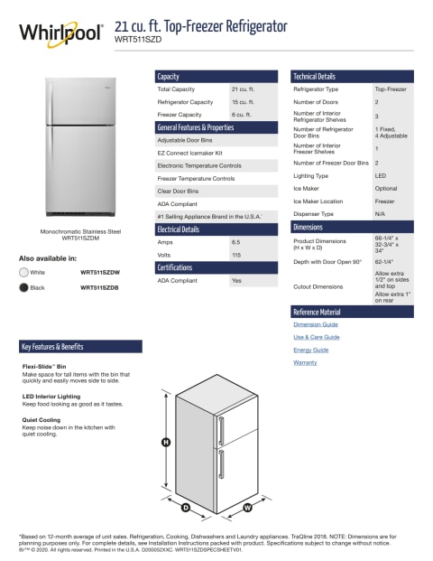 WHIRLPOOL 21.3 CU. FT. TOP FREEZER REFRIGERATOR, MONOCHROMATIC