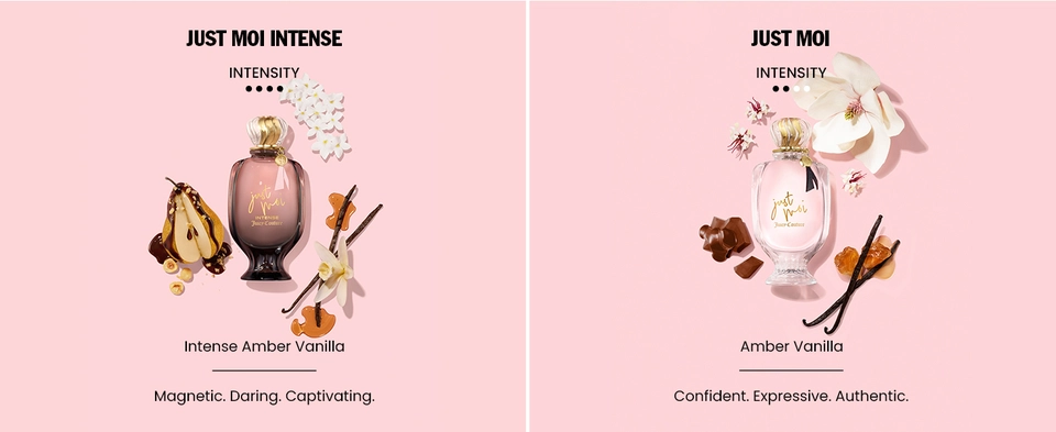 Two Juicy Couture perfume bottles with ingredients and text overlay