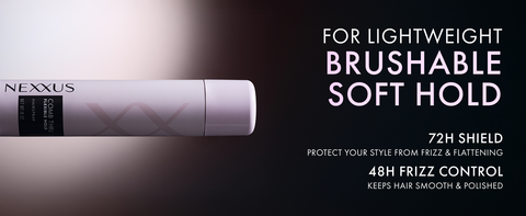 Our hairspray canister under a spotlight next to text highlighting product benefits.