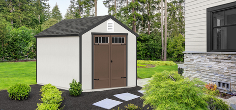 Everley 8x10 shed image with doors closed in backyard