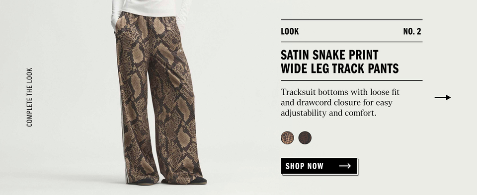 Satin snake print wide leg track pants