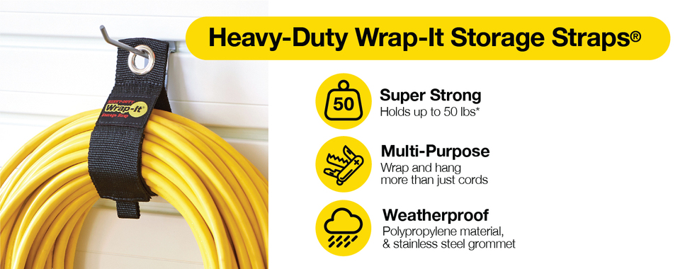 Heavy-Duty Wrap-It Storage Straps&#174; on yellow extension cord with features.