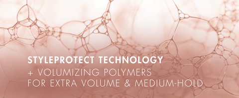 Text about styleprotect technology, extra hold &amp; medium-hold on top of abstract formula visuals.