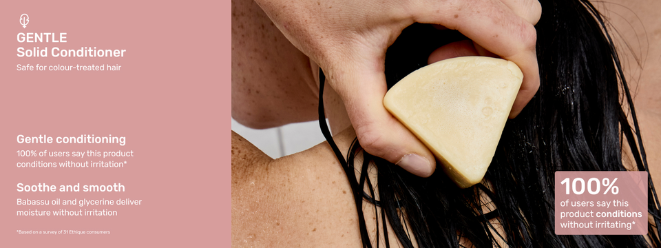 Image of Ethique Beauty&#39;s Gentle Solid Conditioner in use.