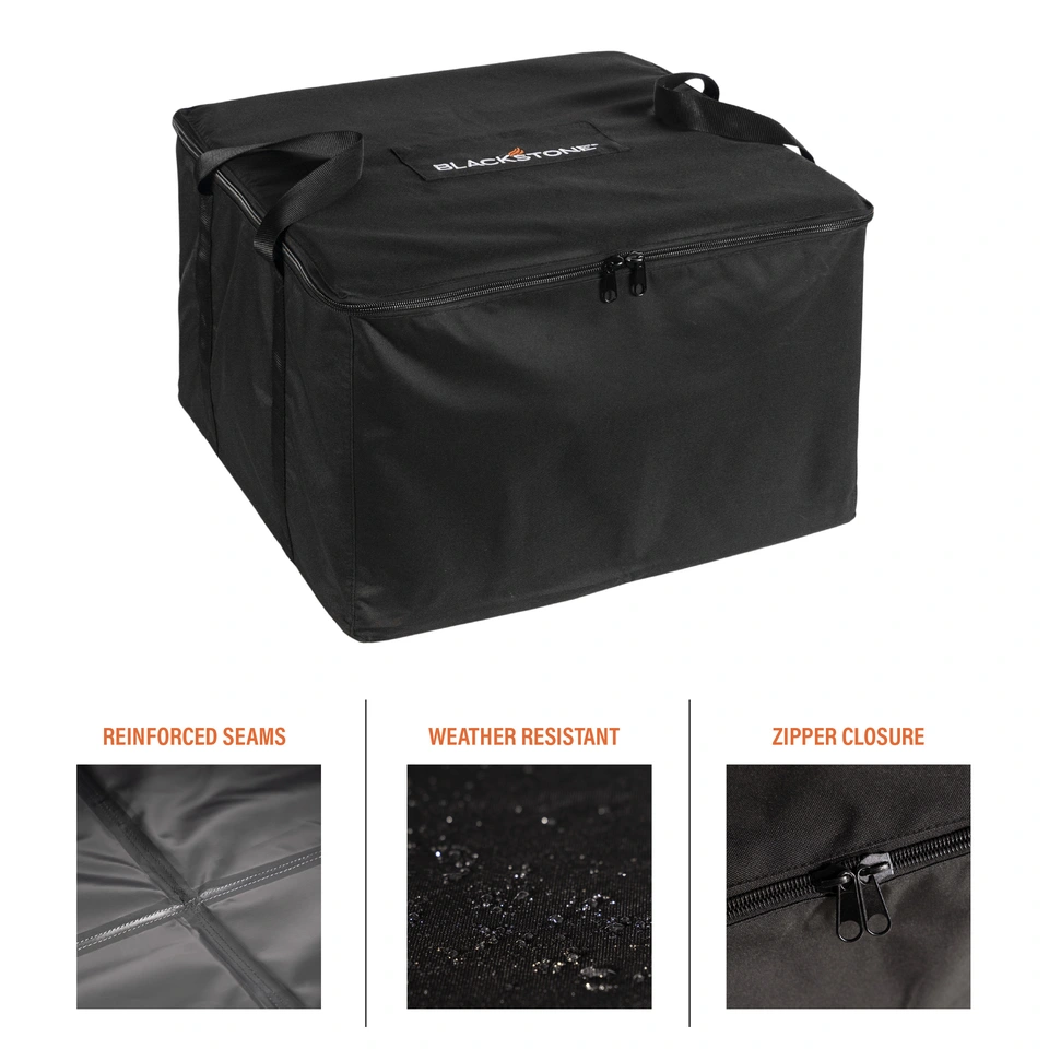 Griddle carry bag features calling out reinforced seams, weather resistancy, and zipper closure.