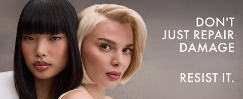 Two woman with different and healthy-looking hairstyles posing together next to text.