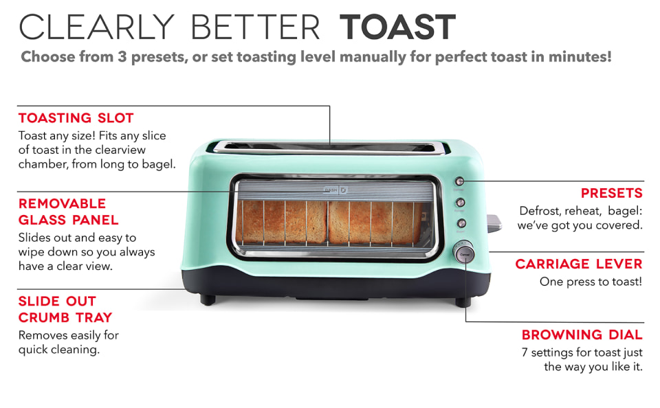 Dash Clear View Toaster Red Extra Wide Slot Toast Defrost Heat Holds 2  Slices