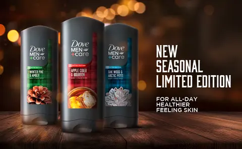 Image of three Dove Men+Care Seasonal Limited Edition BODY WASHES that offer All day Healthier Skin