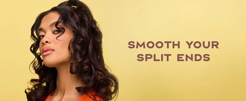 Image of a young woman with wavy hair next to text: Smooth your split ends.
