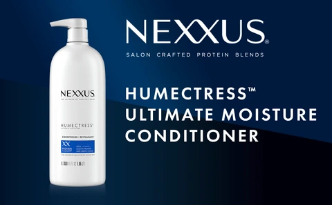 Dark blue background with Nexxus conditioner with headline: Nexxus Salon Crafted Protein Blends Humectress Ultimate Moisture Conditioner.