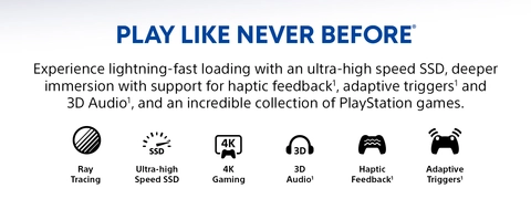 PLAY LIKE NEVER BEFORE Experience lightning-fast loading with an ultra-high speed SSD, deeper immersion with support for haptic feedback, adaptive triggers and 3D Audio, and an incredible collection of PlayStation games.