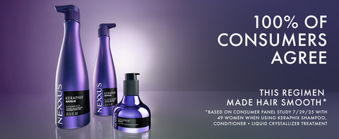 Full range of Nexxus Keraphix products with a glass-like background and glow behind this regimen. 