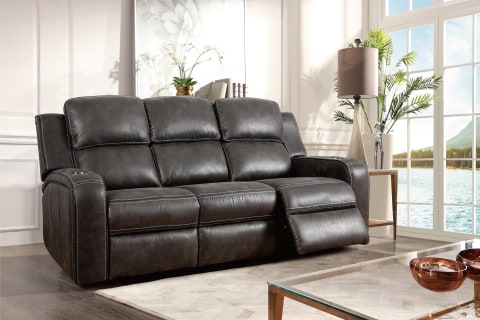 Matteus Fabric Power Reclining Sofa, Brown Leather Reclining Sofa With Drop Down Table