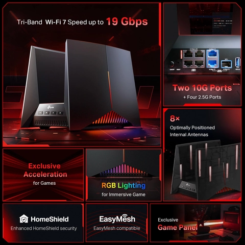 TP Link BE19000 Tri Band Wi Fi 7 Gaming Router Black/Red Archer