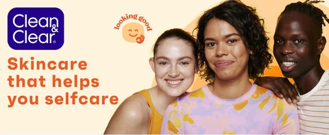 Three diverse young adults with good skin happy smiling clean &amp; clear