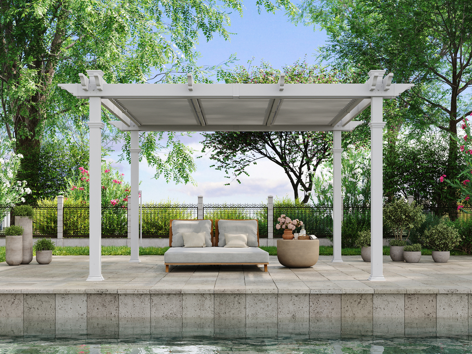 White pergola with a lounger chair underneath next to a pool