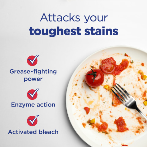 Attacks your toughest stains, Grease-fighting power, Enzyme action, Activated Bleach