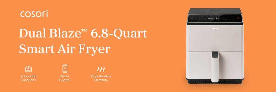 On an orange banner, text beside an image of a mostly oyster white, boxy kitchen appliance with a black control panel reads, “Cosori. Dual Blaze six-point-eight-quart smart air fryer.” Text under an icon of three vertical squiggly lines above a horizontal line within a U-shaped line reads, “Twelve cooking functions.” Text under an icon of a smartphone with a Wi-Fi signal on its screen reads, “Smart Control.” Text above an icon of three thick, vertical squiggly lines reads, “Dual heating elements.”
