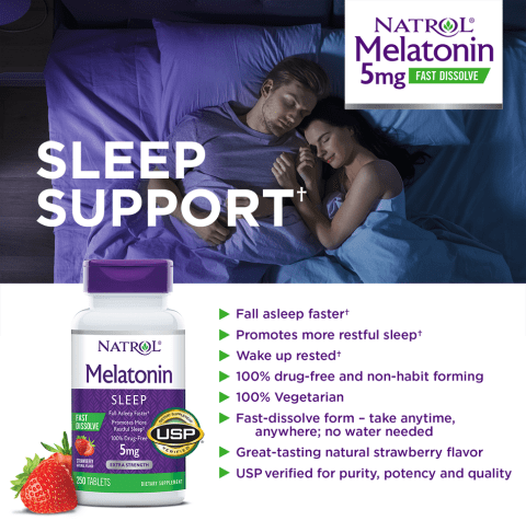 Sleep Support† Natrol Melatonin 5mg Fast Dissolve Fall asleep faster†, promotes more restful sleep†,