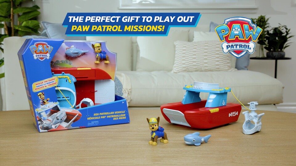 thumbnail video image 2 of PAW Patrol Sea Patroller Boat Vehicle with Chase and Shark Figure, 2 Patrol Modes, 2 of 11
