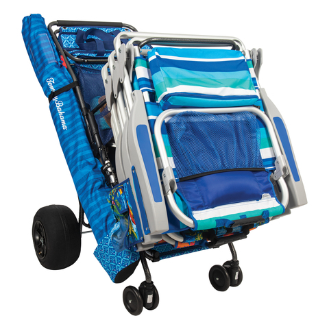 Four folded up beach chairs attached to front of cart.