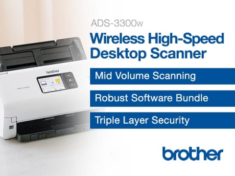 Brother Wireless High-Speed Desktop Scanner ADS-3300W - 48-bit Color - 40  ppm (Mono) - 40 ppm (Color) - PC Free Scanning - Duplex Scanning - USB 