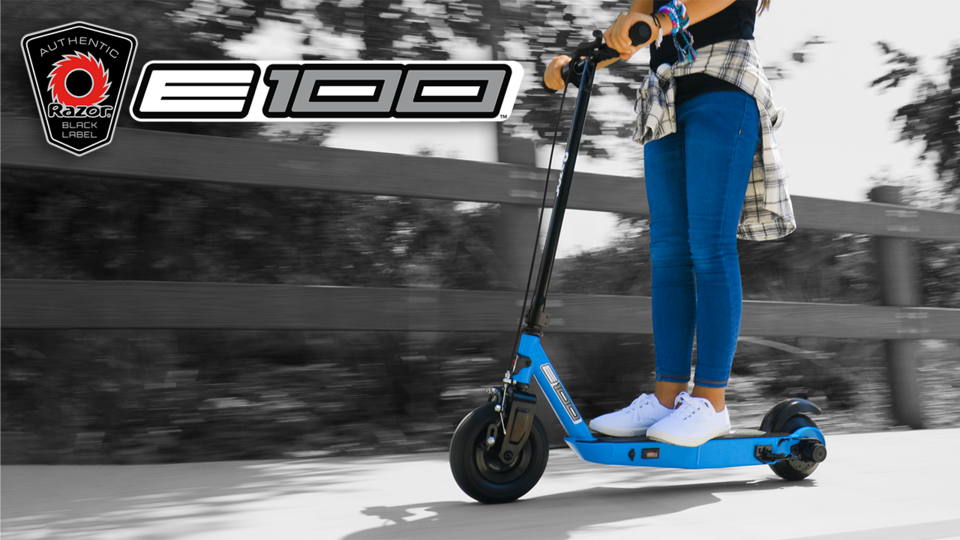 Razor Black Label E100 Electric Scooter – Blue, up to 10 mph, 8 Pneumatic  Front Tire, for Kids Ages 8+