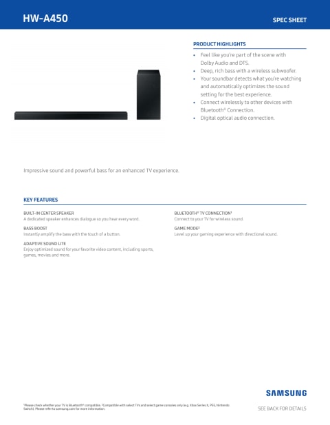 SAMSUNG HW-A450 2.1 Channel Soundbar with Wireless Subwoofer and Dolby
