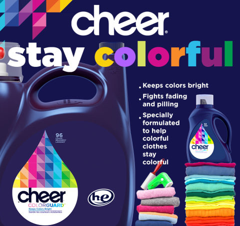 Stay colorful with Cheer liquid laundry detergent.Keeps colors bright, fights fading and pilling