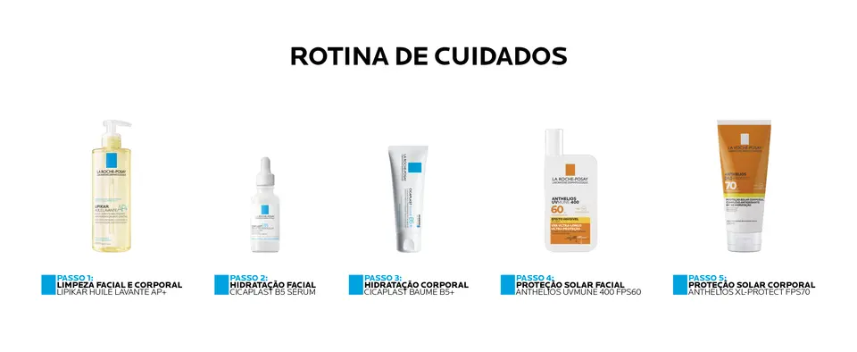 Rotina de cuidados completa La Roche-Posay com diferentes produtos para cada etapa do cuidado diário