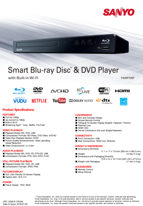 Sanyo Blu-ray Disc/DVD Player with Built-in WiFi - Walmart.com