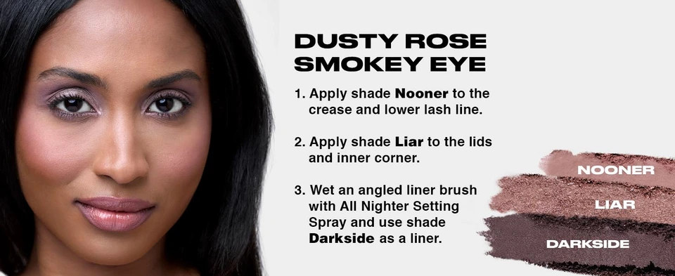 A MODEL WITH BLACK HAIR WEARING A DUSTY ROSE SMOKEY EYE