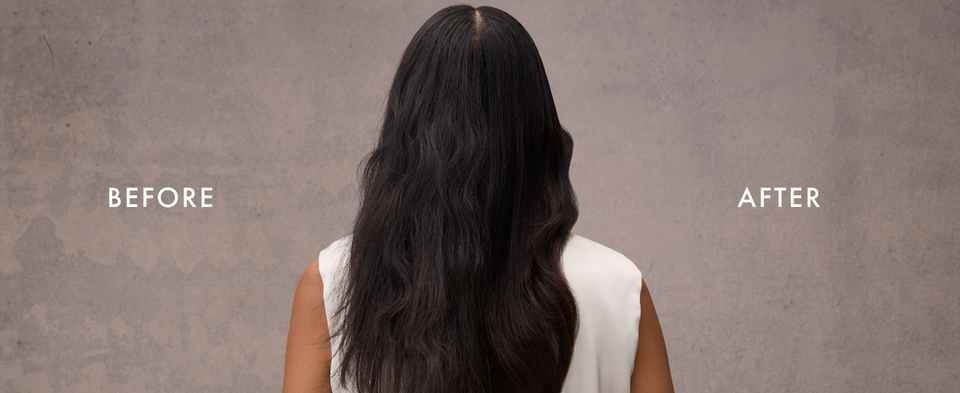 Before/after images of the same woman, from the back, going from damaged to healthy-looking hair.