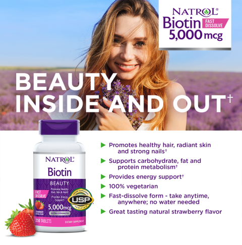 Beauty Inside and Out† – Natrol® Biotin 5,000 mcg Fast Dissolve:• Promotes healthy hair, radiant skin and strong nails†• Supports carbohydrate, fat and protein metabolism†• Provides energy support†• 100% vegetarian• Fast-dissolve - take anytime, anywhere; no water needed• Great tasting natural strawberry flavor