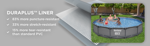 DuraPlus™ enhanced 3-layer liner is 15% more tear resistant, 33% more stretch resistant and 83% more puncture resistant than standard PVC
