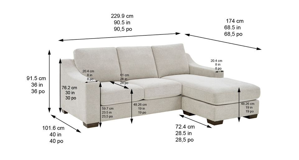 Thomasville Dillard Sofa chaise image showing the dimensions