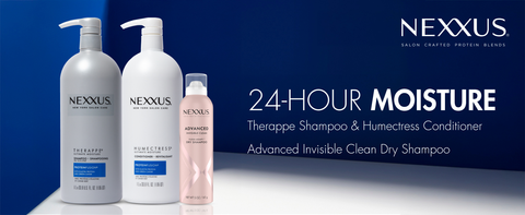 NEXXUS shampoo, conditioner & dry shampoo with white text in a blue corner with gray floor.