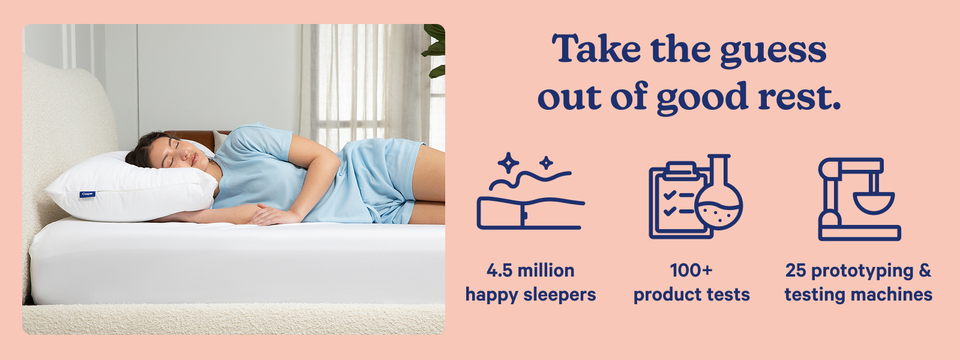 Casper brand icons - 4.5M happy sleepers, 100+ product tests, 25 prototyping &amp; testing machines