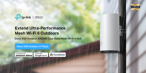 Deco X50-Outdoor AX3000 Dual-Band mesh WiFi 6 unit mounted on a poll outside in the rain. Works with Alexa, Google Assistant