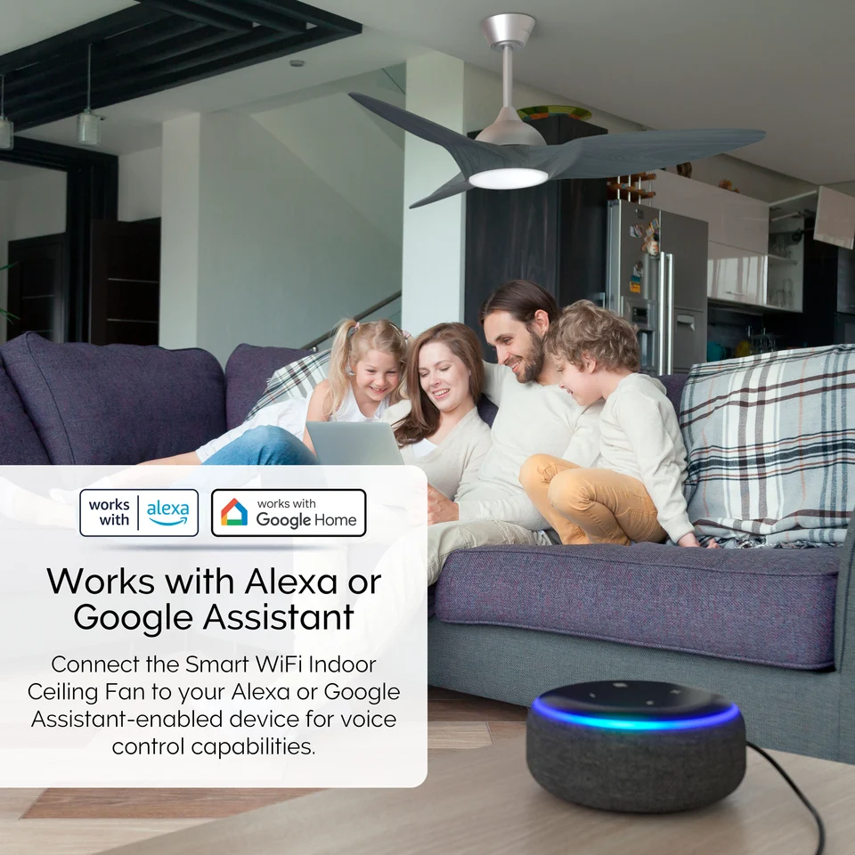 Family sitting on a couch enjoying the smart ceiling fan
