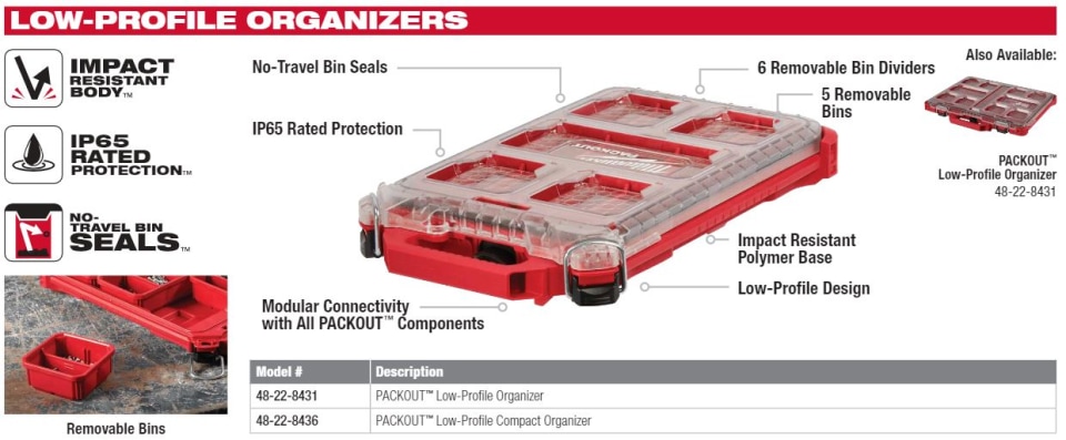 48-22-8431  Milwaukee Tool PACKOUT 10-Compartment Low-Profile Small Parts  Organizer