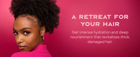 Image of a young woman with curly hair next to text: A retreat for your hair.