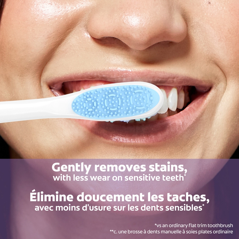 gently removes stains with less wear on sensitive teeth