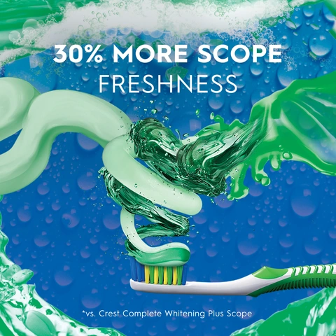 You get 30% more freshness with Crest Advanced Scope Acting Foam paste. A tootbrush is visible with green paste and green splashes around.