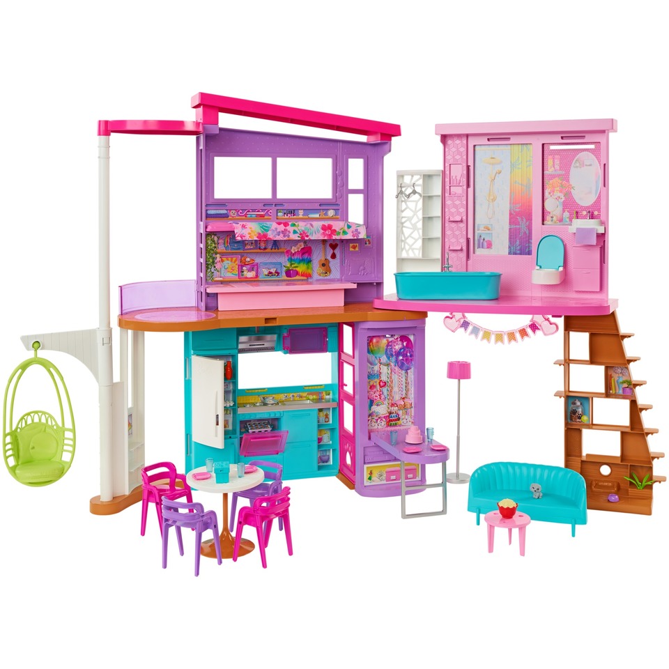 thumbnail video image 2 of Barbie Vacation House (42 in) Dollhouse Playset with 2 Levels & 30+ Pieces, 2 of 7
